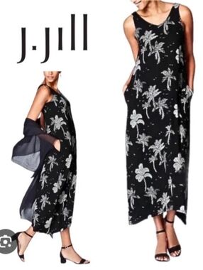 J. Jill Black and White Palm Print Sleeveless Maxi Dress- Size L